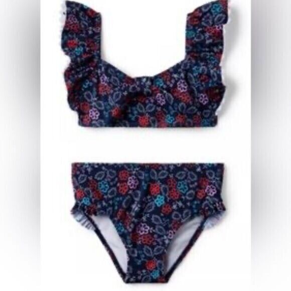 NWT Janie & Jack Baby Girl Two Piece Swimsuit Navy Ruffle Floral - Size 12-18M - Picture 1 of 5